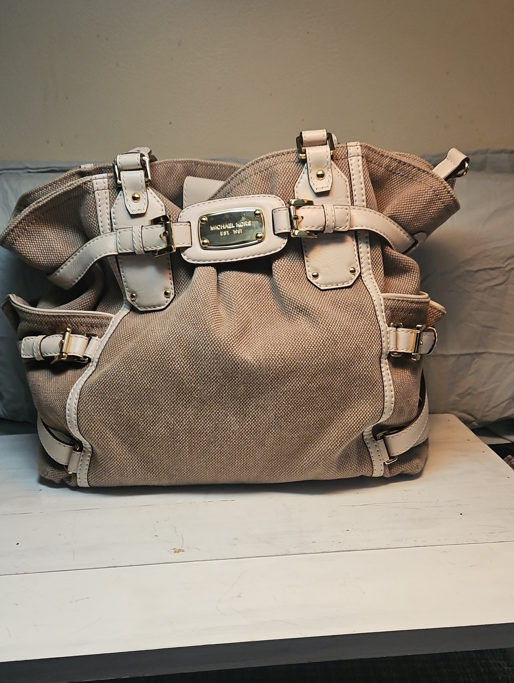 Michael Kors Beige Canvas Shoulder Tote with Cream Trim and Gold Hardware